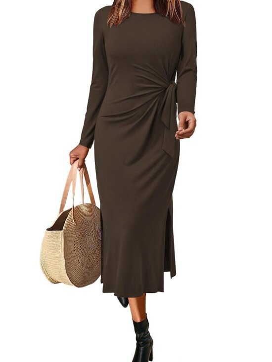 Dresses & Skirts - 🆕 Womens Casual Short/Long Sleeve Crewneck T Shirt Maxi Dress Tie Waist Slit